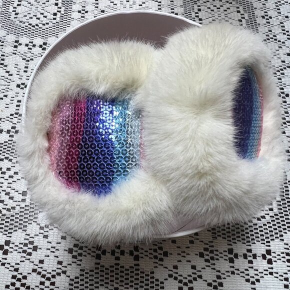 NEW Girls White Faux Fur Earmuffs Pink Velvet Band Rainbow Sequin Winter Warm - Picture 11 of 15